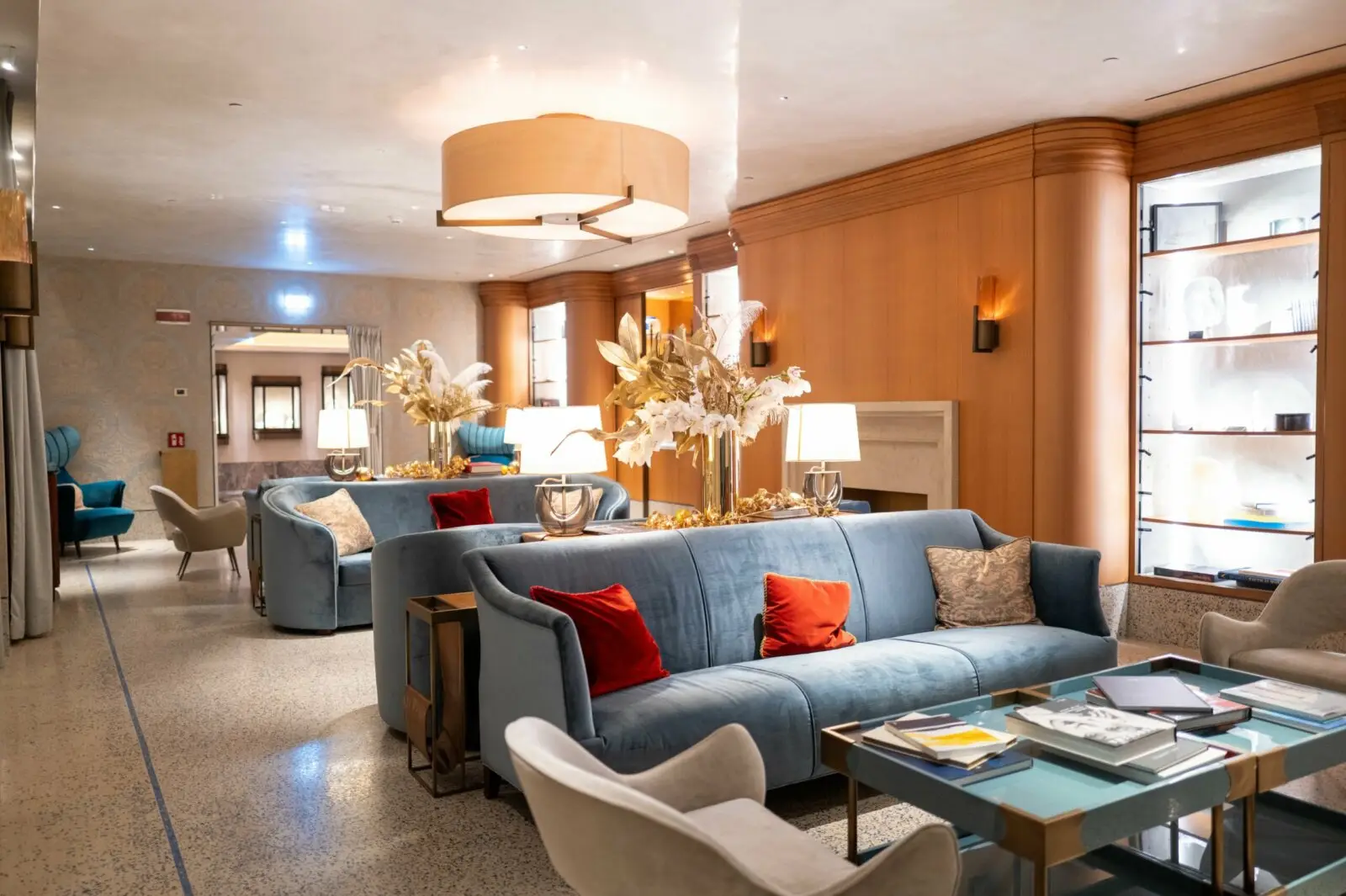 Elegant hotel lounge with plush seating and ambient lighting in Venice, Italy.